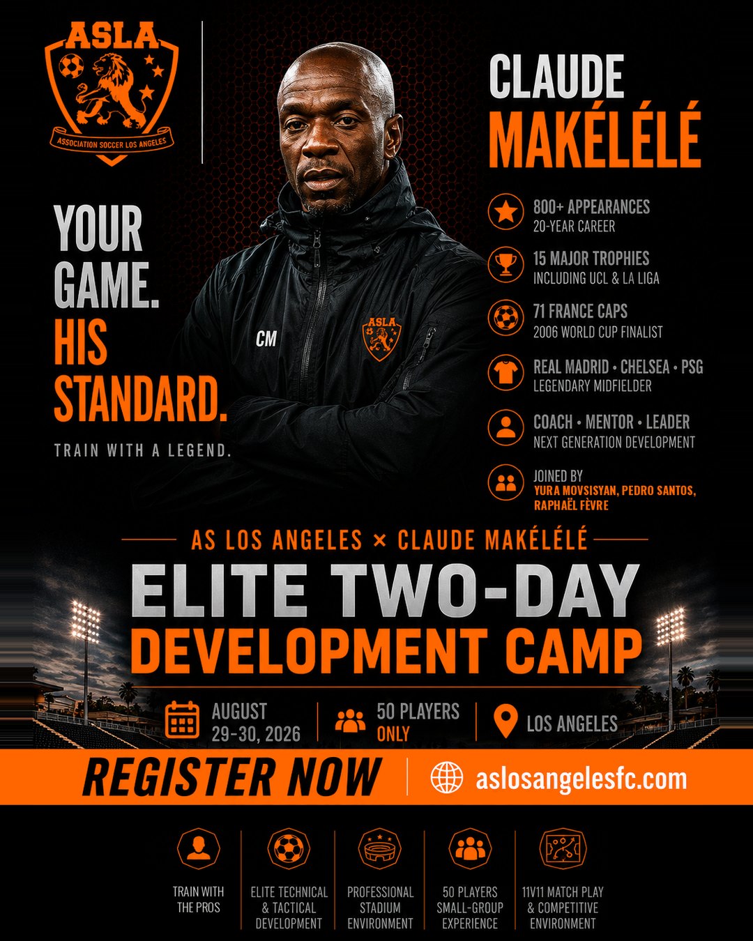 AS Los Angeles and Claude Makelele Elite Two-Day Development Camp. August 29 to 30, 2026, Los Angeles. 50 players only.